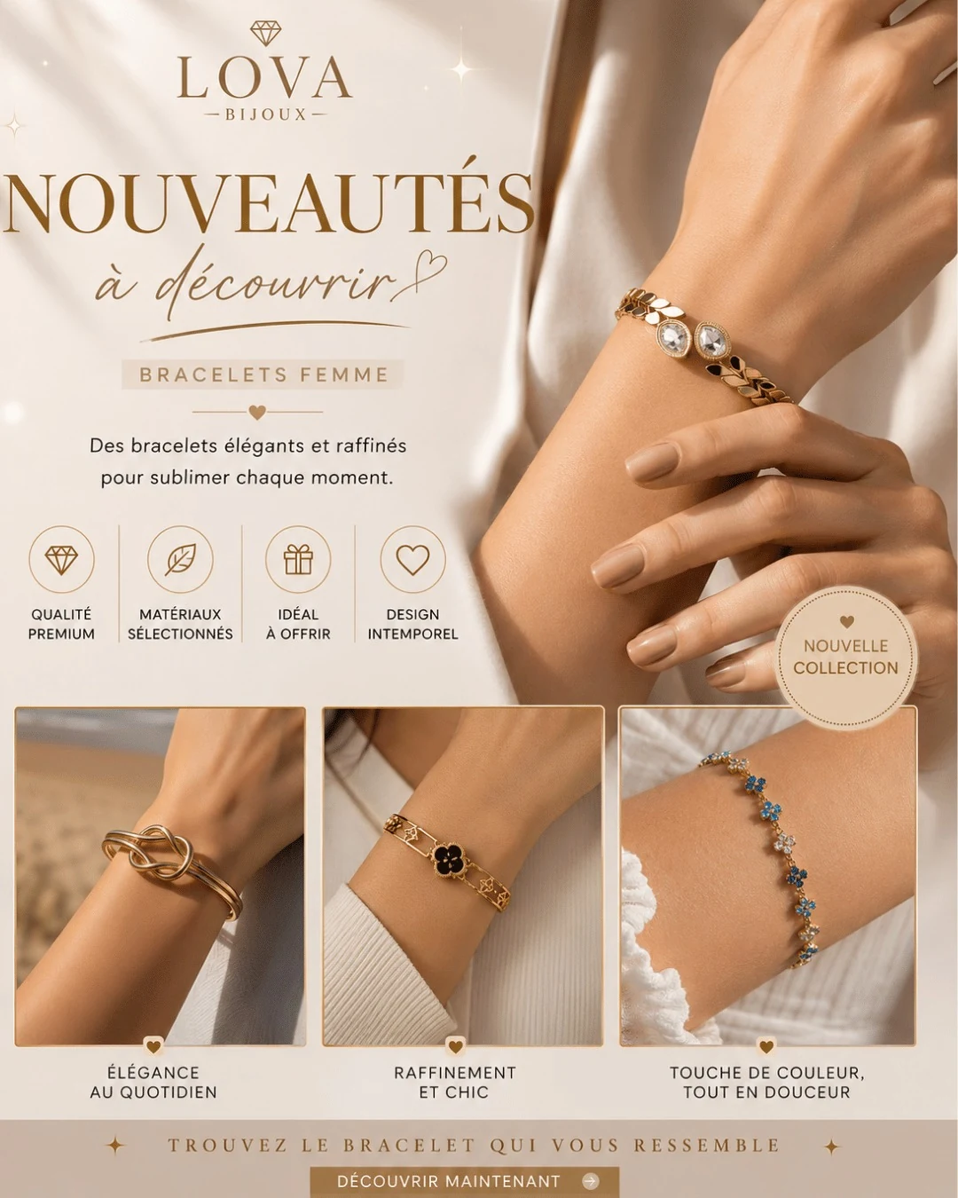 Nouveautés bracelets femme dorés portés au poignet : jonc à nœud, bracelet trèfle noir et bracelet à pierres colorées