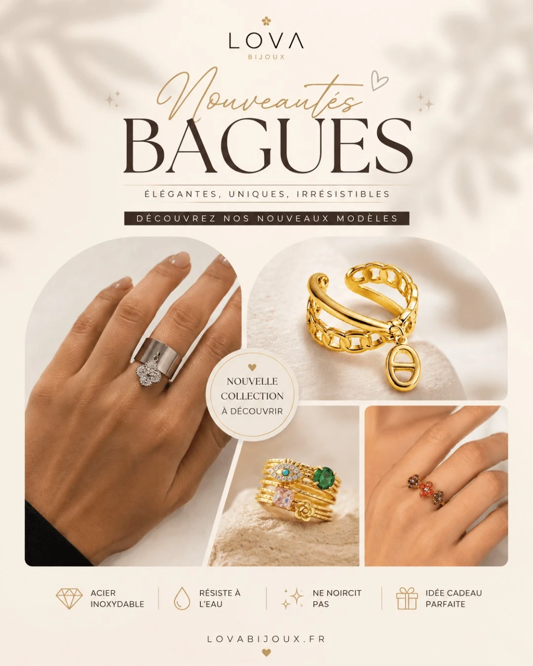 Nouveautés bagues femme dorées et argentées portées à la main et présentées, visuel nouvelle collection