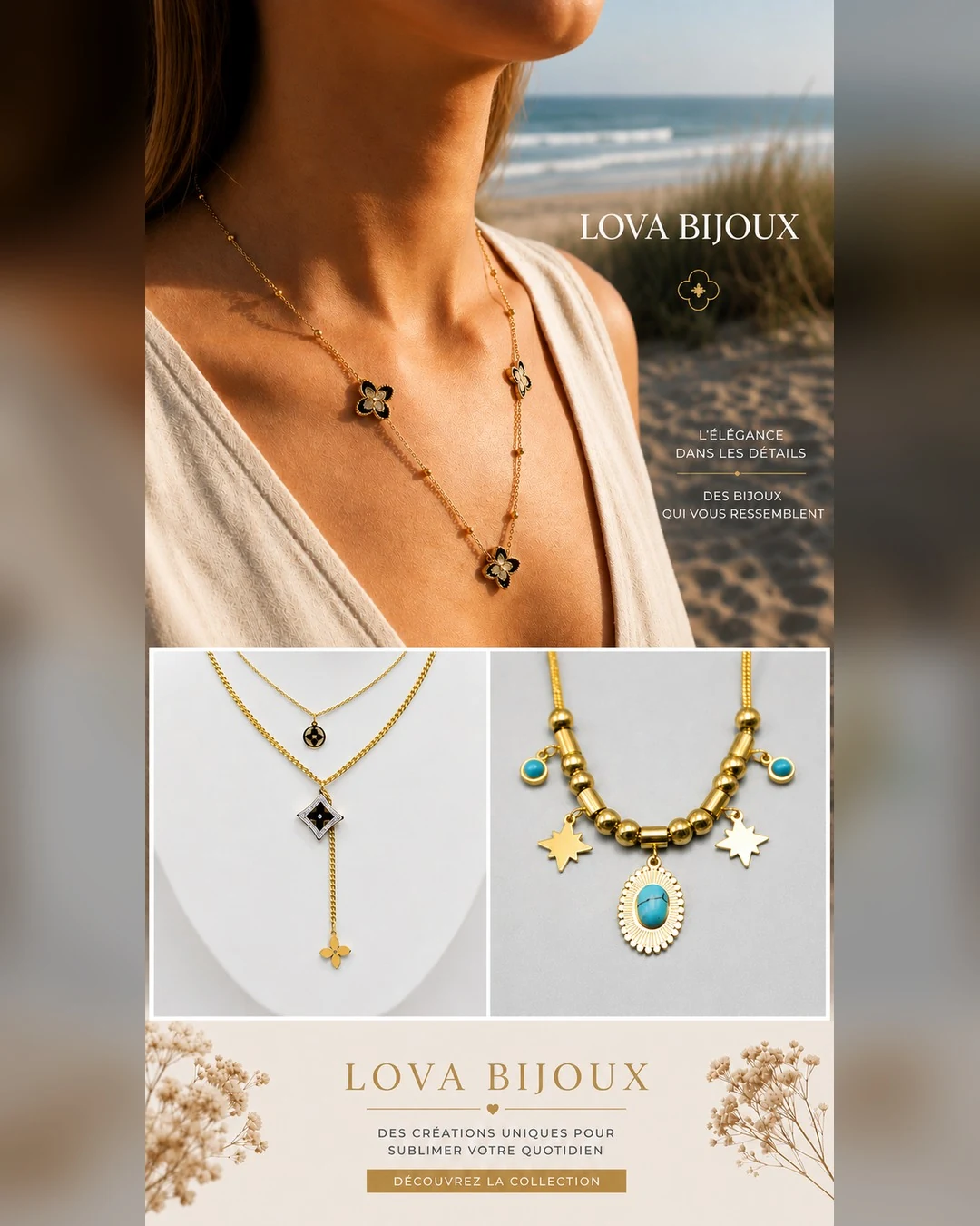 Visuel Lova Bijoux : femme portant un collier doré à trèfles noirs à la plage et colliers pendentifs dorés