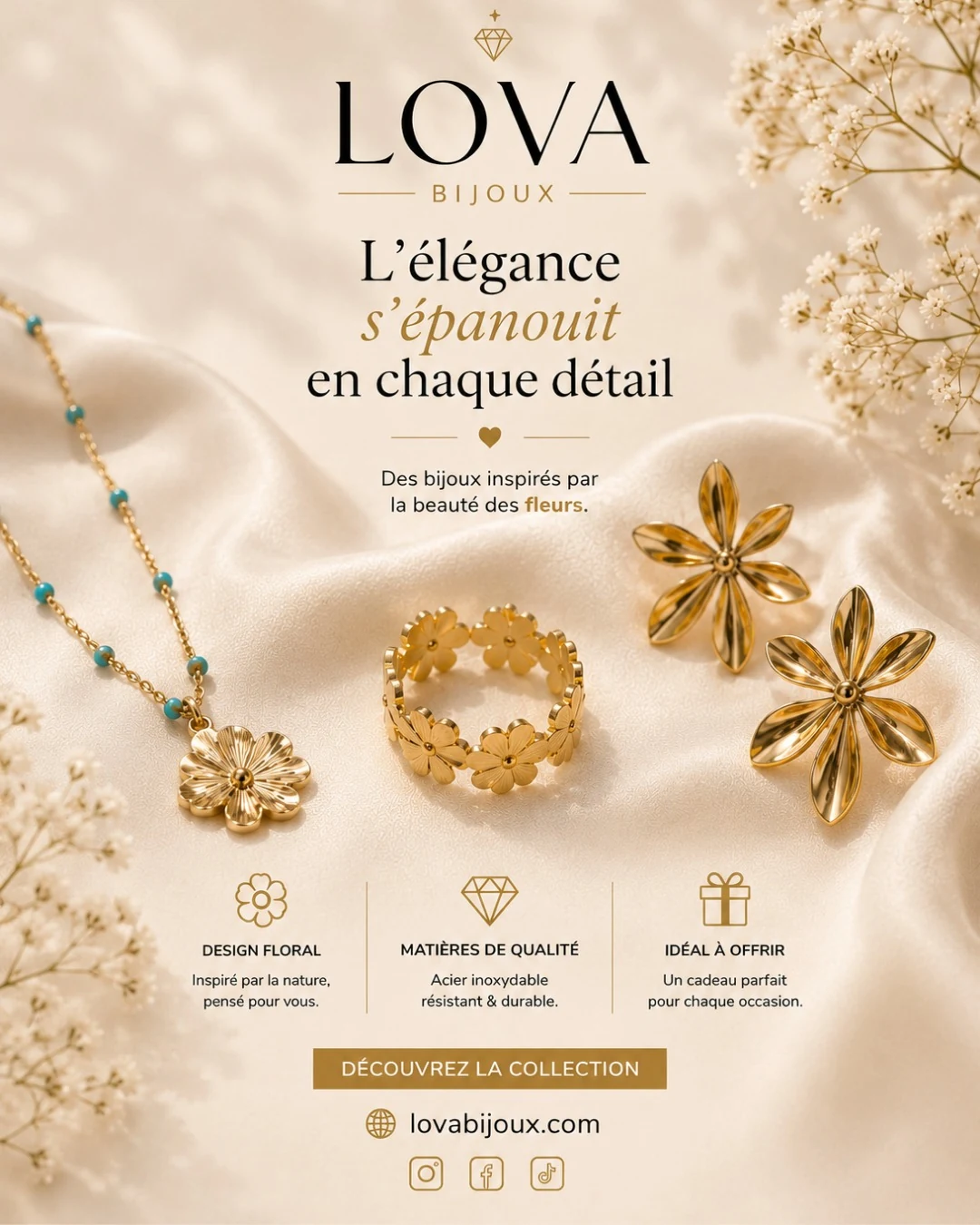 Visuel Lova Bijoux L'élégance s'épanouit en chaque détail : collier, bague et boucles d'oreilles fleur dorés