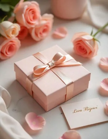 Écrin cadeau rose noué d'un ruban avec carte Lova Bijoux et pétales de roses