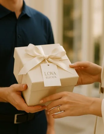 Remise en main propre d'un colis cadeau Lova Bijoux noué d'un ruban