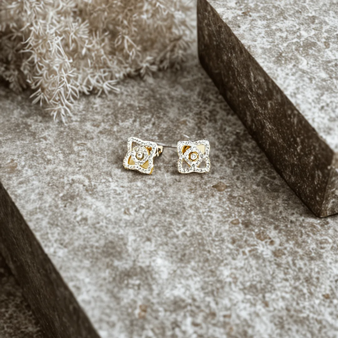 Clous d'oreilles Carré Ajouré Scintillant – Cristal Central Argentés en Acier Inoxydable – Image 1