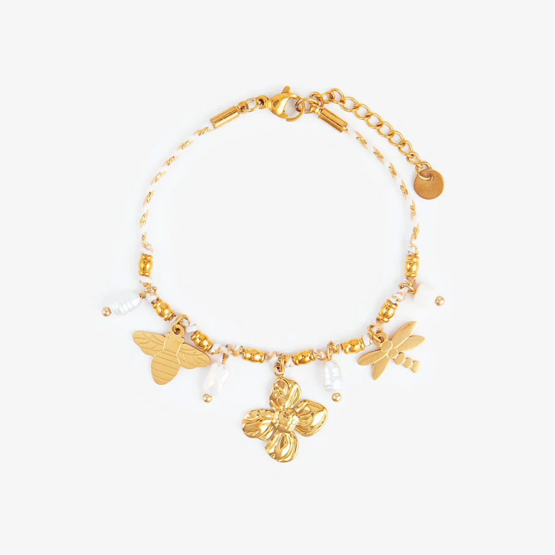 LV-BR-13 Bracelet charms doré femme trèfle, abeille et libellule avec perles blanches, chaîne ajustable