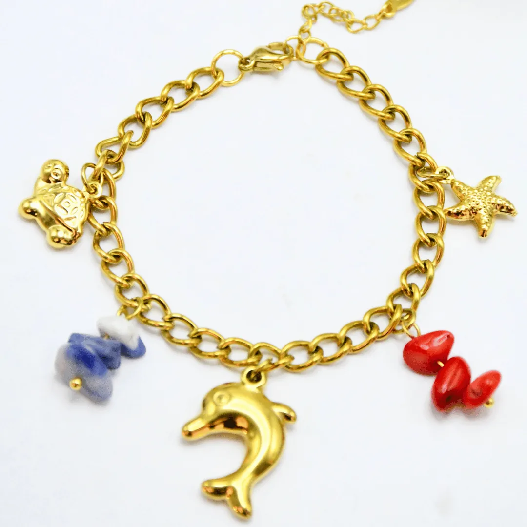 Bracelet Chaîne Odyssée Marine – Charms Dauphin, Étoile de Mer, Tortue & Pierres Fines Doré en Acier Inoxydable (Ajustable) – Image 1