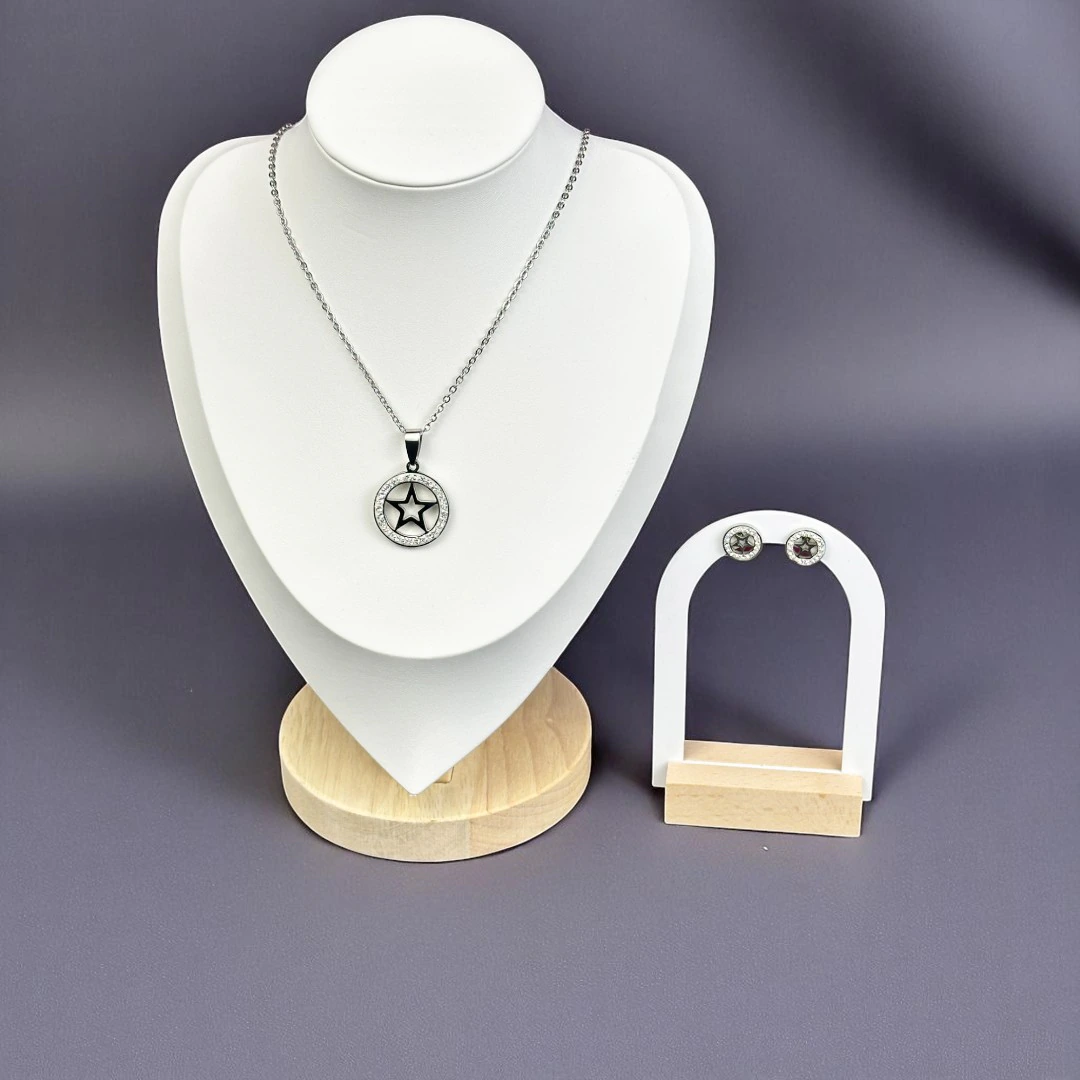 LV-CF-19-1 Parure bijoux femme argentée : collier pendentif étoile cerclé de strass et puces d'oreilles étoile