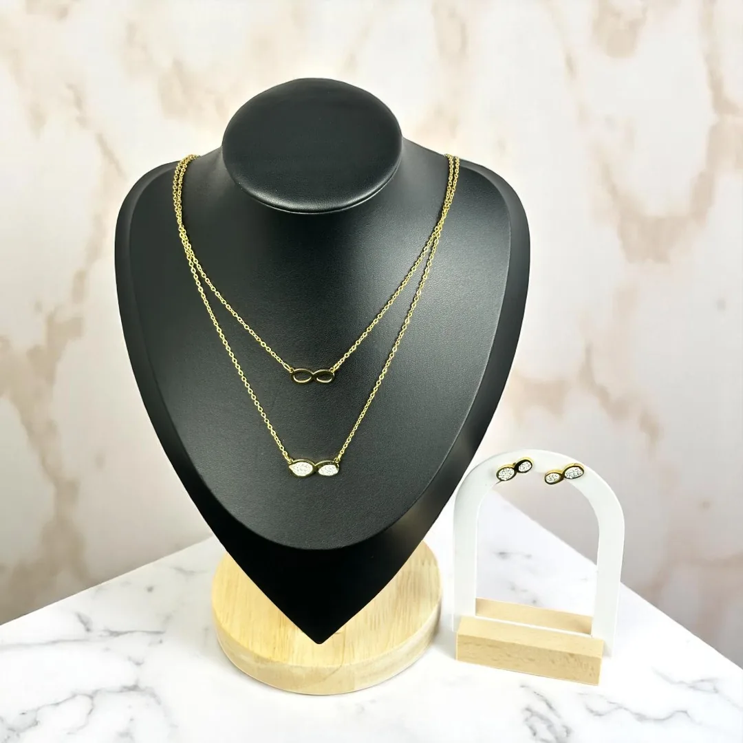 Parure Double Infini – Collier Multi-rangs (Cristal & Uni) & Boucles Infini Dorées en Acier Inoxydable – Image 1