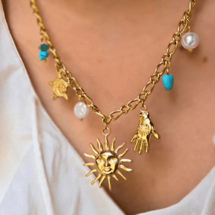 Collier Talisman Bohème – Charms Soleil, Lune, Main & Pierres Fines Doré en Acier Inoxydable