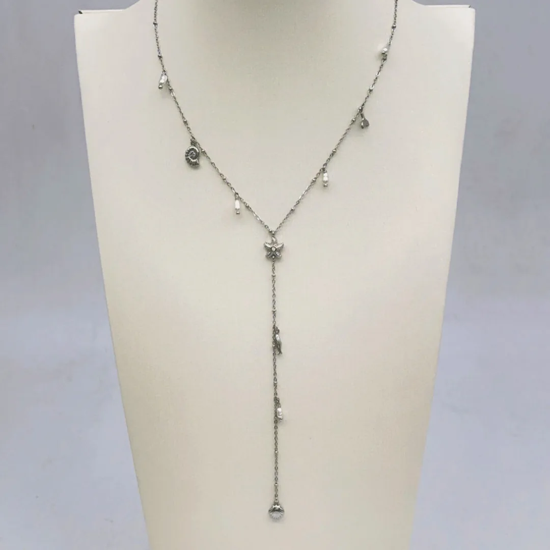 Collier Y Sirène Élégante – Charms Marins, Perles & Cristaux Argenté en Acier Inoxydable – Image 1