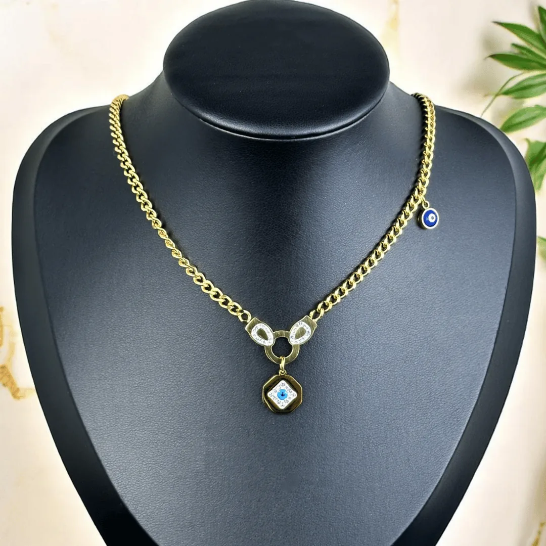 LV-CL-22 Collier Œil Protecteur Doré – Pendentif Octogonal & Charms Mauvais Œil en Acier Inoxydable – Image 1