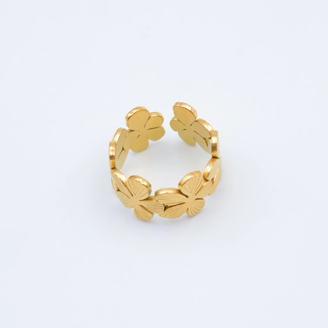 LV-BG-19 Bague femme dorée ouverte motif fleurs délicates chic – Image 1