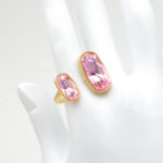 Bague femme dorée double pierre rose facettée chic – Image 2