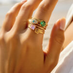 Bague femme dorée multi-rangs œil et pierres colorées