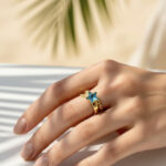 Bague femme dorée double anneau étoile bleue tendance