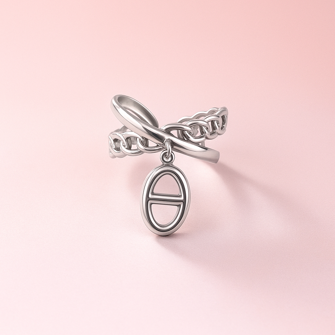 LV-BG-34-1 Bague femme argentée maillon avec charm ovale chic – Image 1