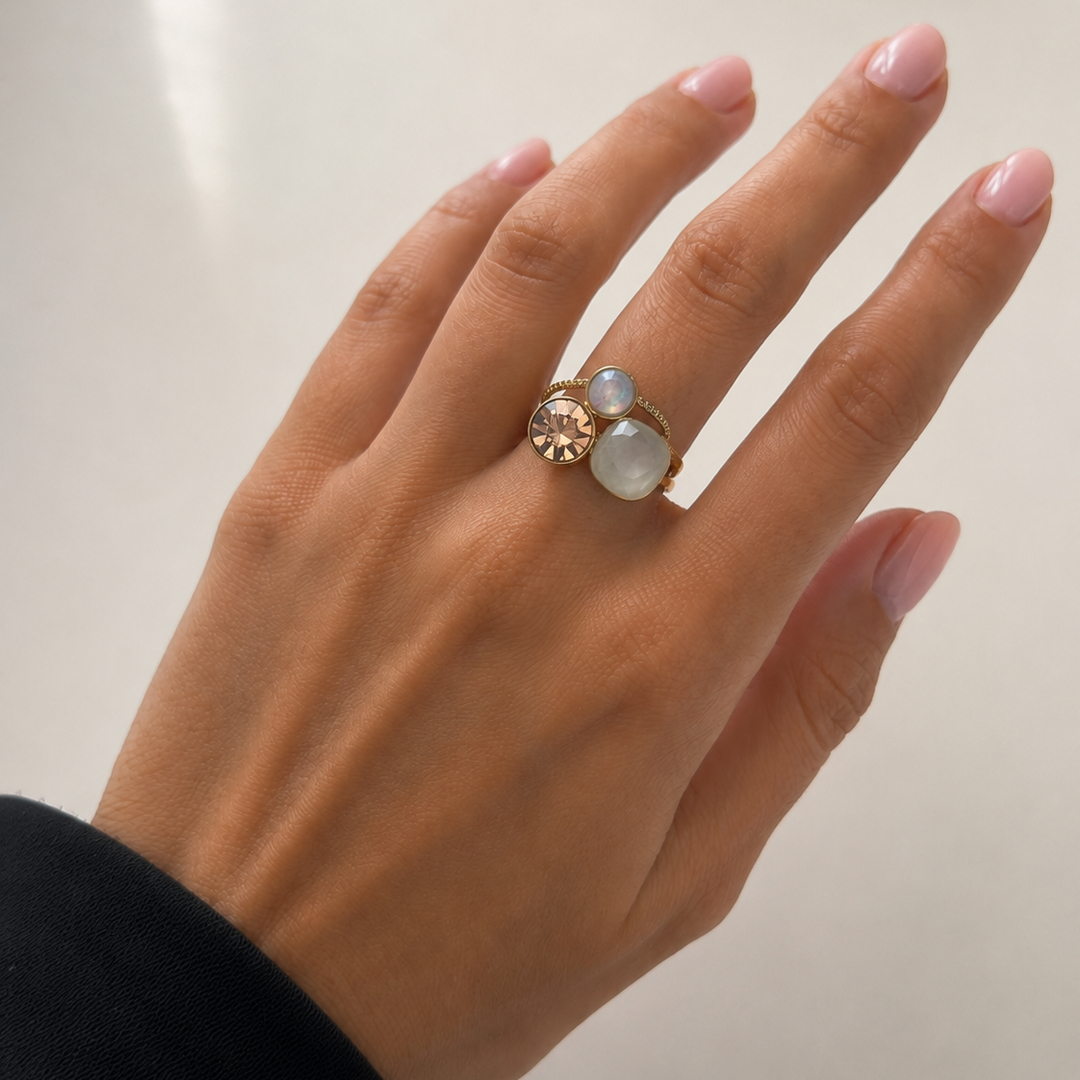 LV-BG-37-2 Bague femme dorée trois pierres effet nacré et rosé – Image 1