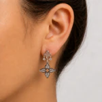Boucles d'oreilles pendantes argentées motif floral ajouré avec petits strass portées à l'oreille