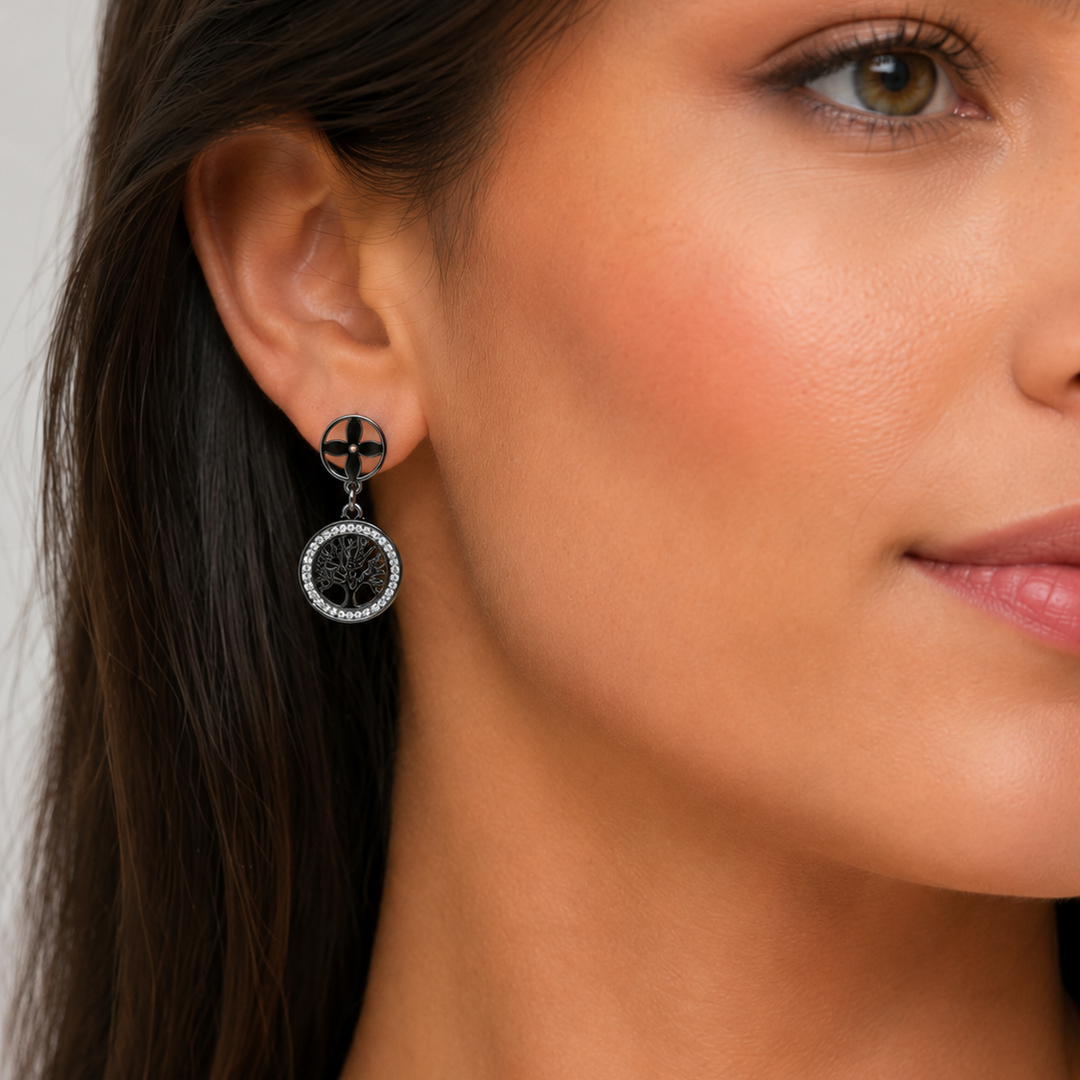 LV-BO-40-1 Boucles d’oreilles pendantes arbre de vie noir argenté femme – Image 1