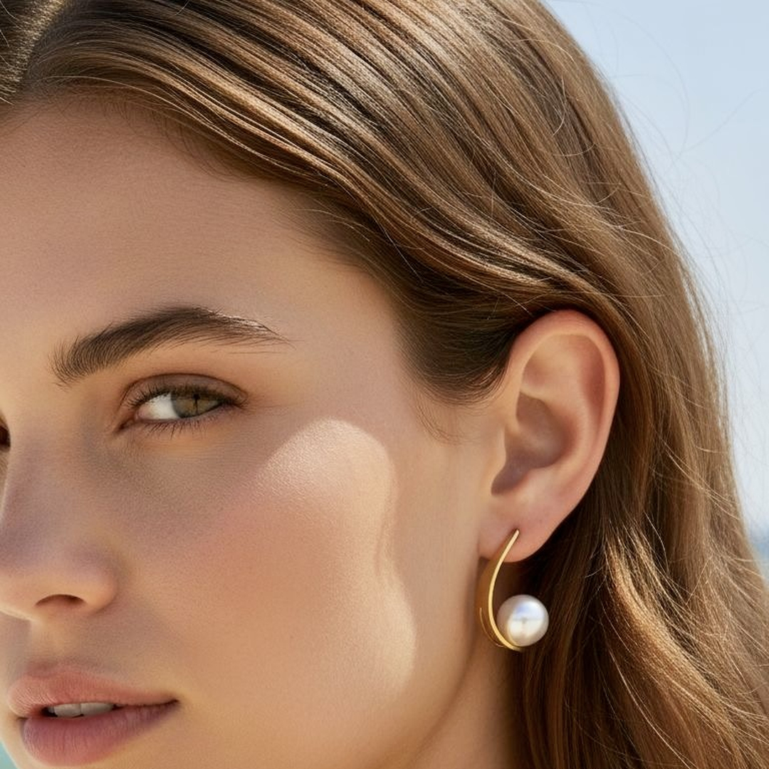 LV-BO-42 Boucles d’oreilles femme dorées courbées à perle blanche – Image 1