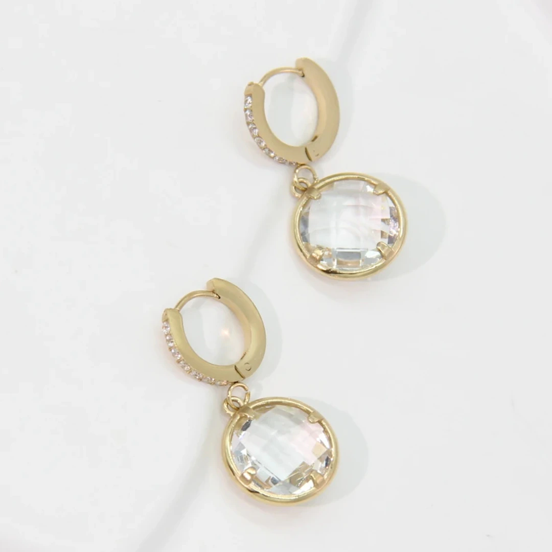 LV-BO-47-2 Boucles d'oreilles créoles dorées serties de strass à pendentif rond transparent facetté