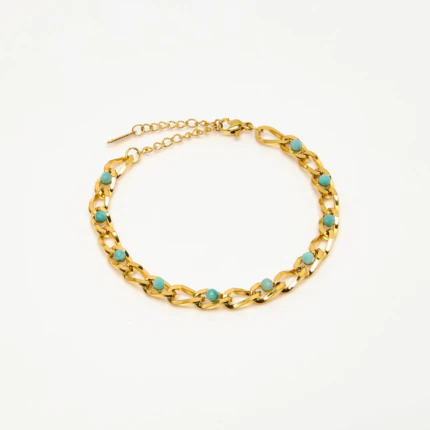 Bracelet chaîne doré femme à larges maillons et perles bleu turquoise avec chaînette de rallonge