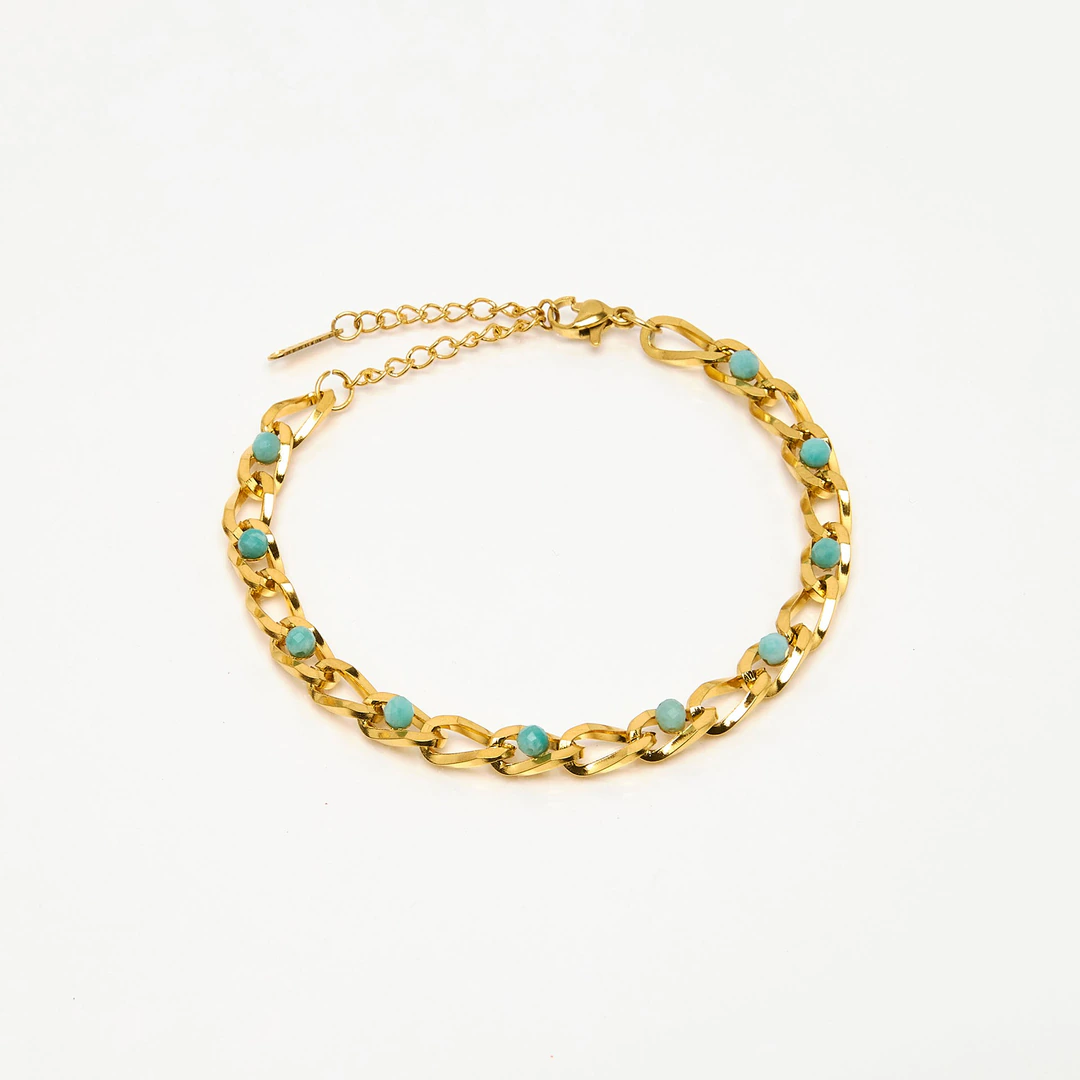 LV-BR-45 Bracelet chaîne doré femme à larges maillons et perles bleu turquoise avec chaînette de rallonge