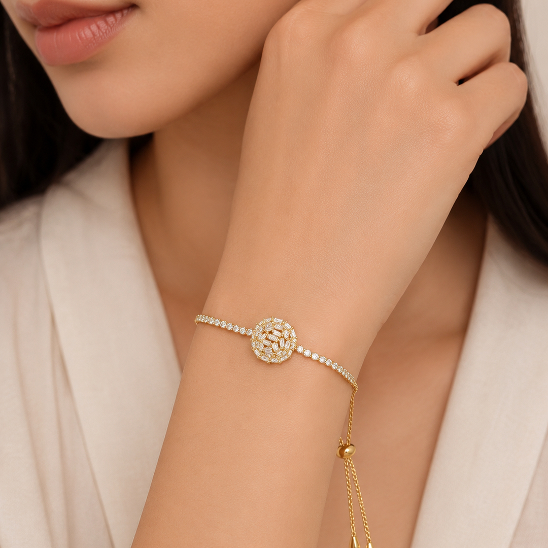 LV-BR-63 Bracelet doré femme ajustable motif rond brillant – Image 1