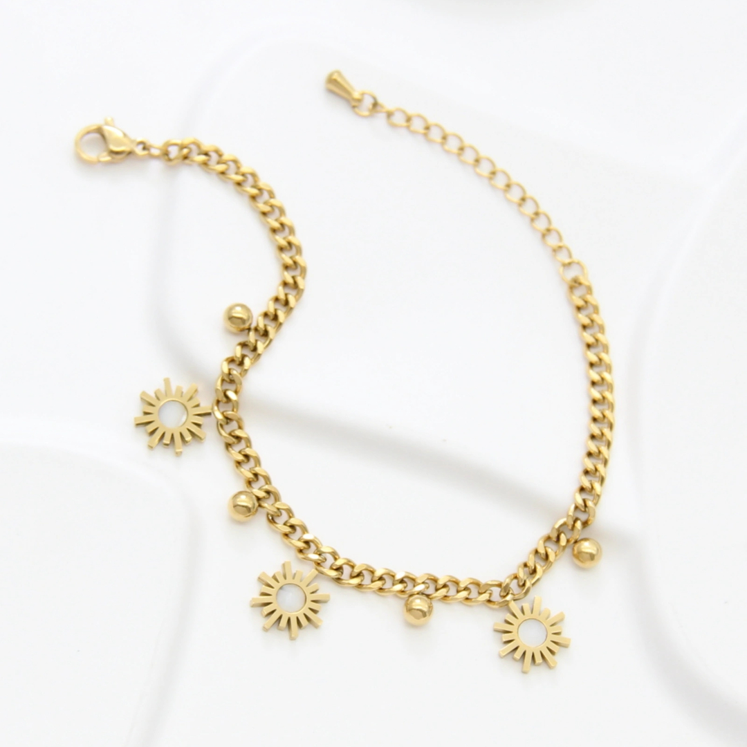 LV-BR-64 Bracelet doré femme maille gourmette charms soleil – Image 1