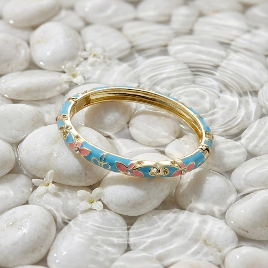 LV-BR-69-1 Bracelet jonc doré femme bleu turquoise fleurs roses – Image 1
