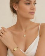 Coffret parure dorée montre carrée et bijoux femme – Image 2