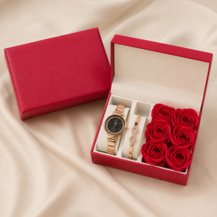 Coffret montre femme rose doré à cadran noir et bracelet jonc infini à strass avec roses rouges