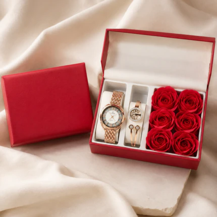 Coffret montre femme rose doré et bracelet jonc arbre de vie à strass avec roses rouges