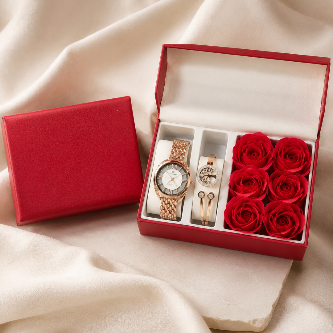 Coffret montre femme rose doré et bracelet jonc arbre de vie à strass avec roses rouges