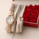 Coffret montre quartz doré rose bracelet brillant femme