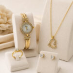 Coffret bijoux doré avec montre et collier cœur femme