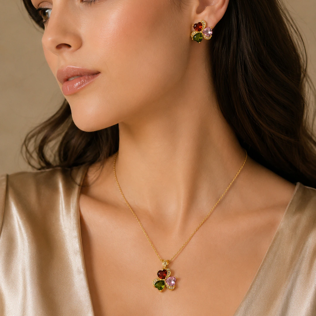 Femme de profil portant des puces d'oreilles trèfle et un collier pendentif trèfle doré