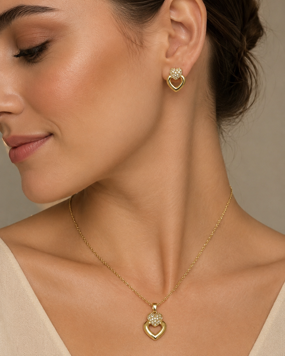LV-CF-66 Parure dorée femme pendentif double cœur doré chic – Image 1