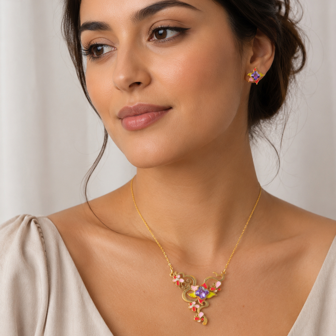 LV-CF-72 Parure dorée femme motif floral multicolore élégante – Image 1