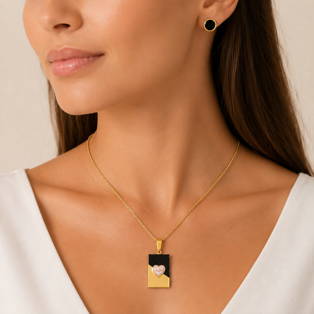 LV-CF-74 Parure dorée femme pendentif rectangle noir cœur rose – Image 1