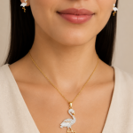 Parure dorée collier boucles d’oreilles flamant femme