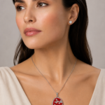 Parure argentée collier rouge et puces brillantes femme