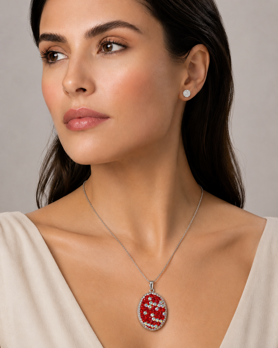 LV-CF-82 Parure argentée collier rouge et puces brillantes femme – Image 1
