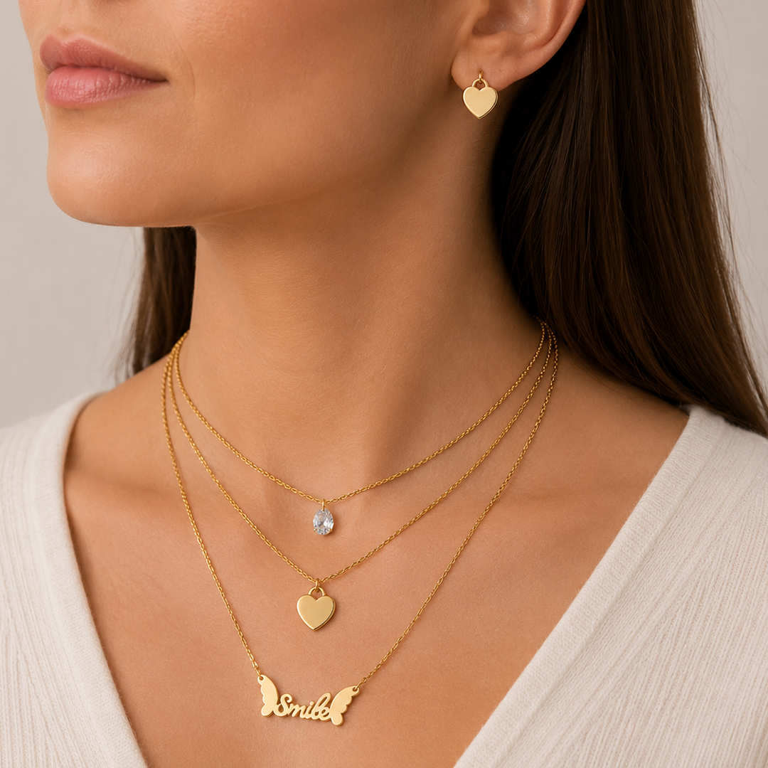LV-CF-92 Parure dorée collier multirang Smile et cœurs femme – Image 1