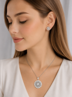 Parure argentée collier et boucles motif floral ajouré femme