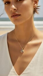 Collier doré femme pendentif fleur multicolore chic