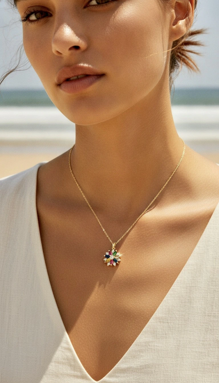 Collier doré femme à pendentif fleur multicolore en pierres facettées, porté au cou en bord de mer