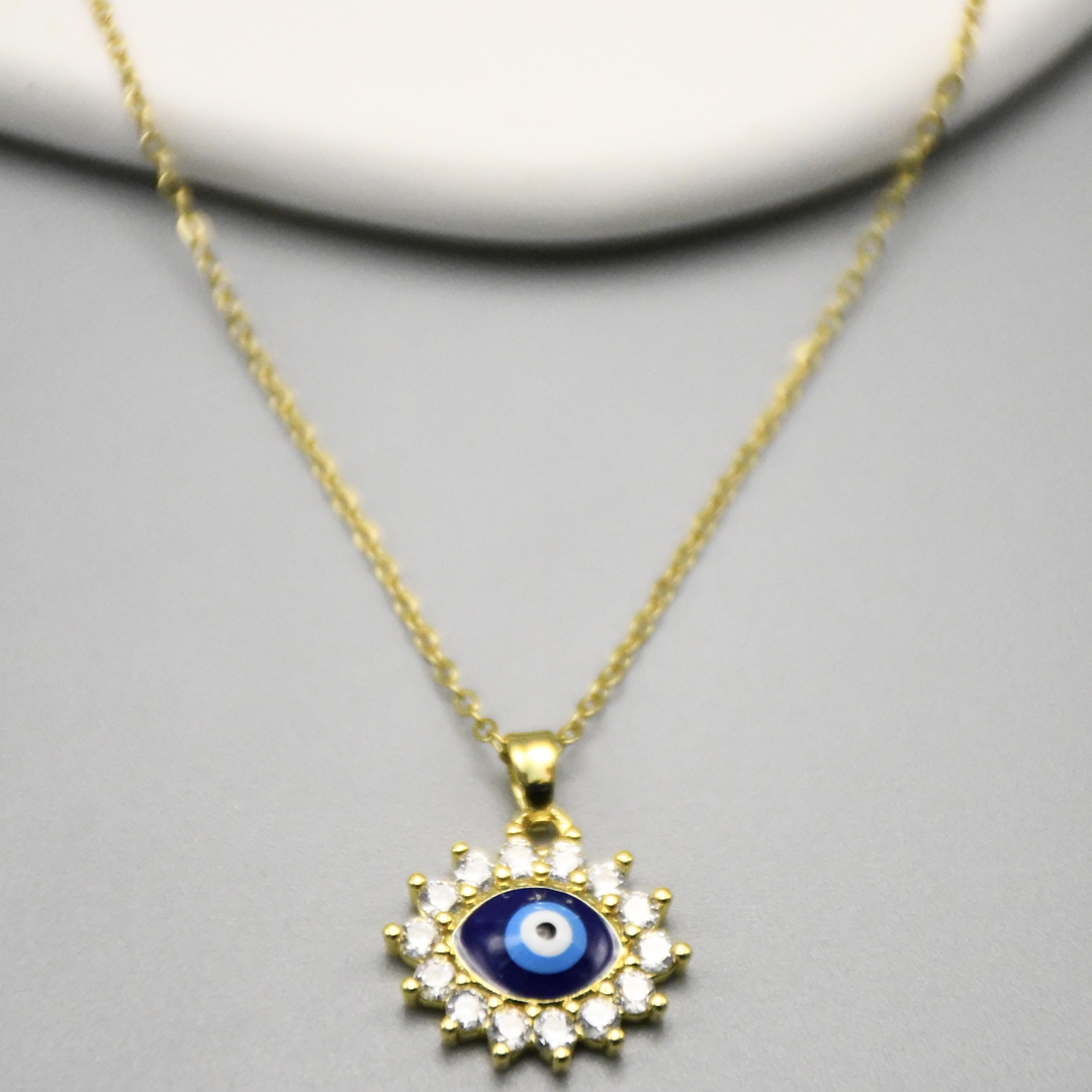 LV-CL-43-1 Collier doré femme pendentif œil bleu et détails brillants – Image 1
