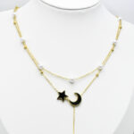 Collier doré femme double rang lune étoile perles blanches – Image 2