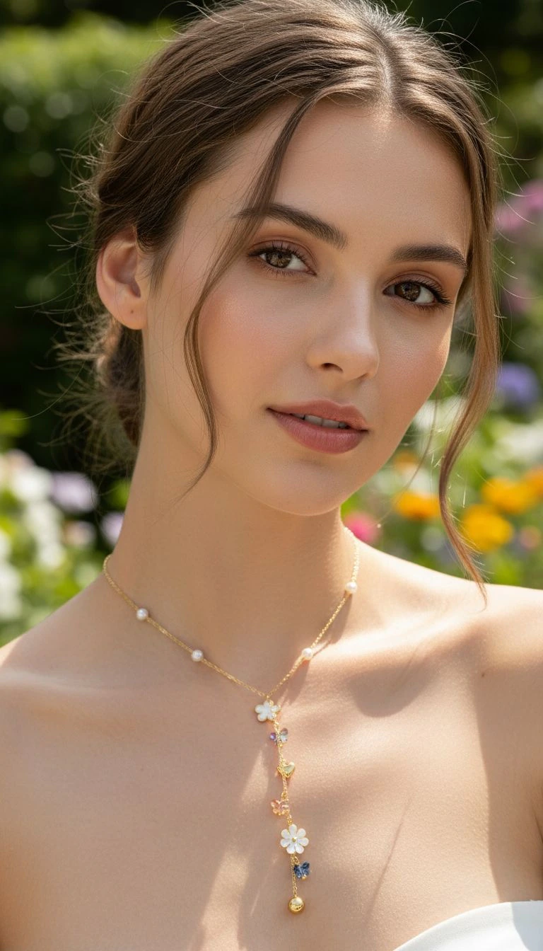 Collier doré femme en Y à perles blanches, fleurs blanches et petites breloques colorées, porté dans un jardin fleuri