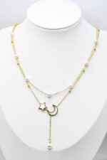 Collier doré femme perles blanches étoile lune pendante – Image 2